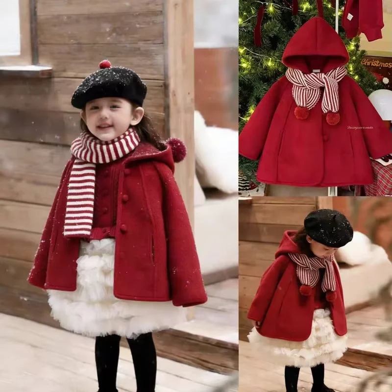 2026 Girls Red Hooded Wool Coat Autumn Winter Thick Warm Jacket Kids Year Outerwear 80140CM 261016