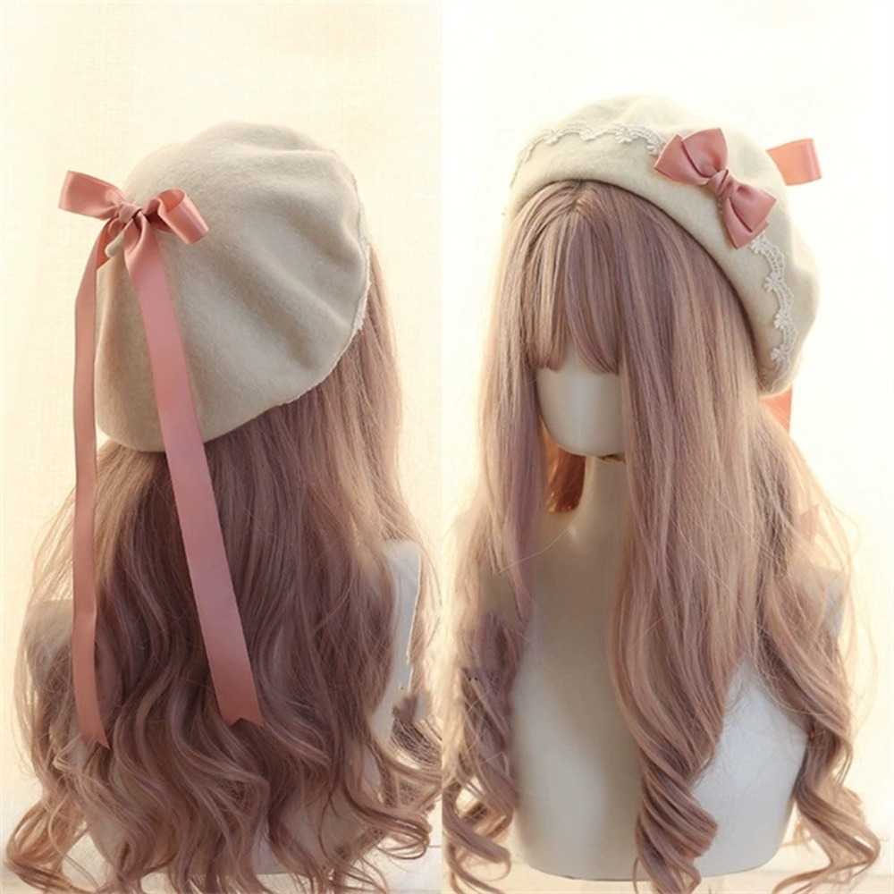 Lolita Fashion Japanese Style Beret Hat Sweet Handmade Winter Berets Hat Lacebow Woolen Artist Hat Women Girls S2610164VSS