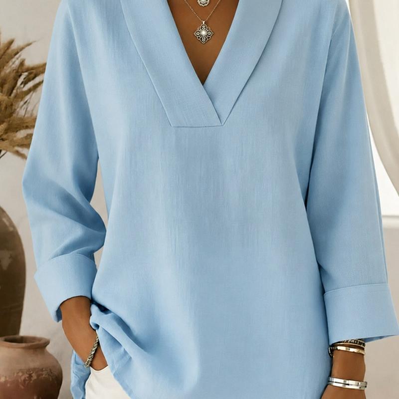 Designer Women V-Neck 3/4 Sleeve Top Loose Casual Pullover Shirt Solid Color Elegant Work Blouse Plus Size S-5XL Machine Wash