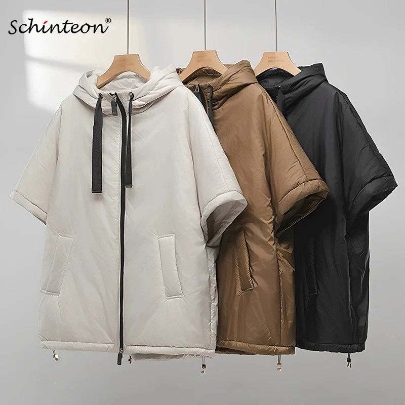 Schinteon Women Camel Down Cape Vest with Hood Loose Sleeveless Gilet Solid Fashionable Autumn Winter Jacket 2026 261013