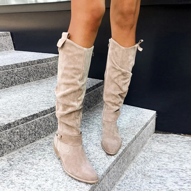 Autumn Winter Women Long Boots Low Heel Side Zipper 40-43 Suede High Barrel Boots Large Size platform Shoes Women 261016