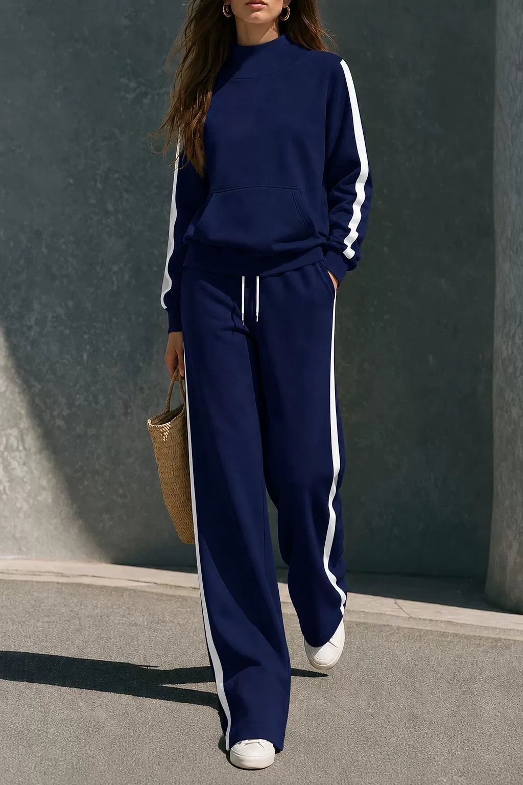 Women's Mock Neck Side Stripe Sweatset Kangaroo Pocket Sweatshirt High Waist Wide Leg Pants 2 Piece Tracksuit Matching Outfit