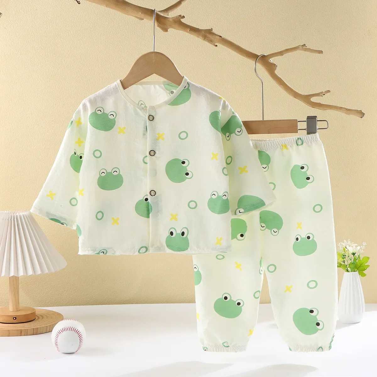 Pajamas Kids Summer Thin Pajamas New 2025 Boys Girls Cute Cartoon Print Long Sle T-shirt + Pants Spwear Baby Casual Clothing SetsW261019