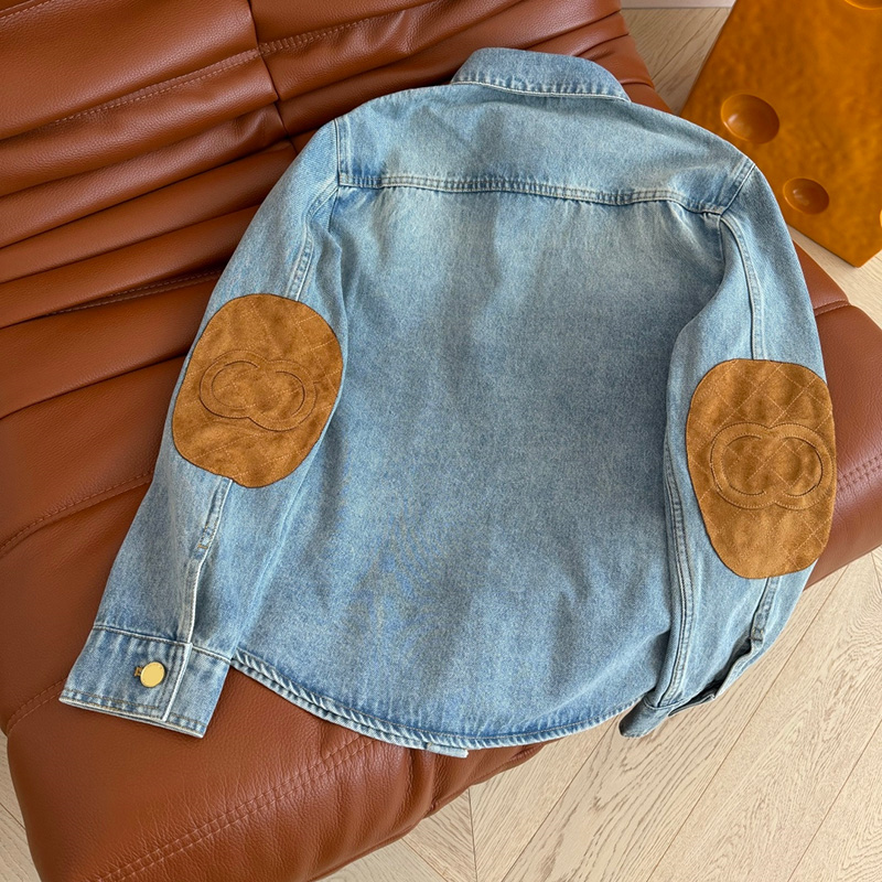 Elbow Letter Patchwork Blue Denim Shirt Jacket Designer Long Sleeve Button Down Shirts Casual Daily Street Style Coat Top