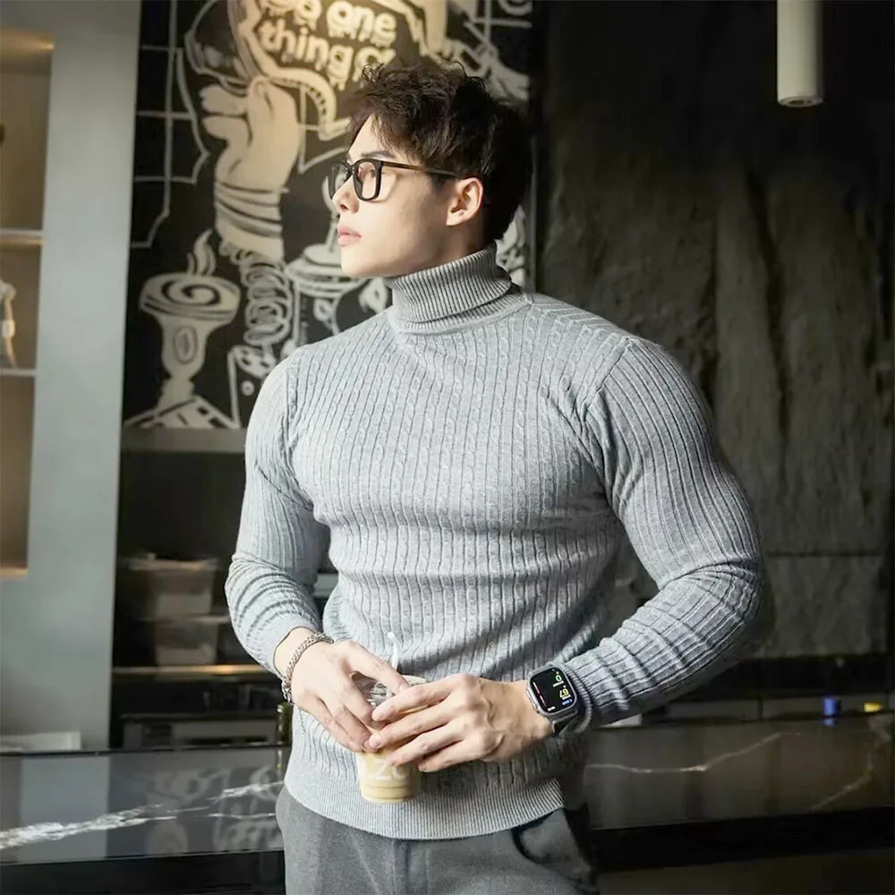 Men's Turtleneck Sweaters Autumn Knitted Striped Streetwear Warm Long Sleeved Pullover Solid Color Basic Style Casual Tops 261015