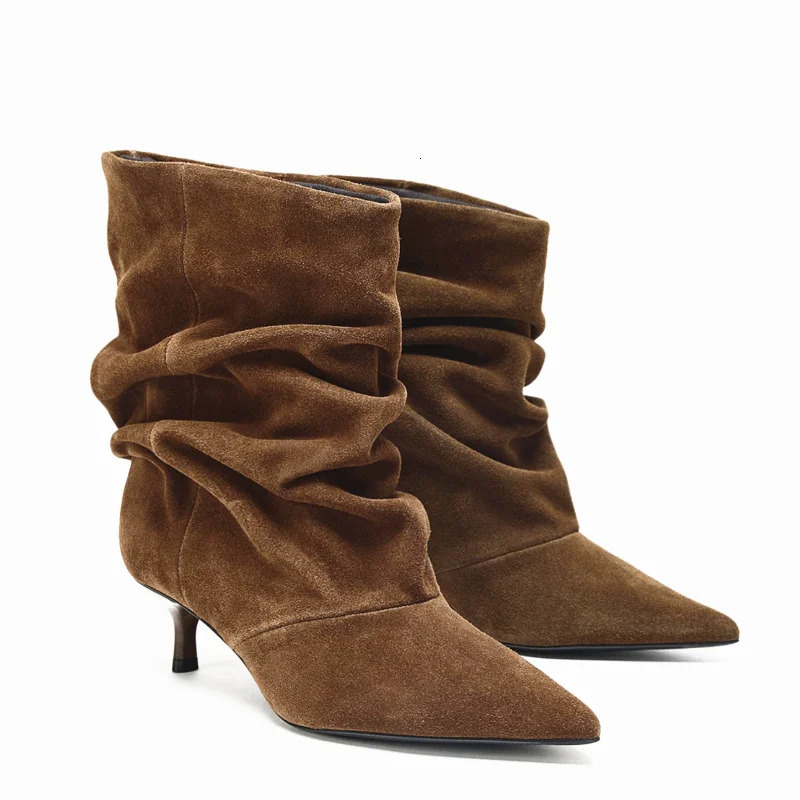 Pleated Cow Suede n Ankle Boots for Women Pointed Toe Kitten Heel Sexy High Heels Winter Women's Shoe 261016