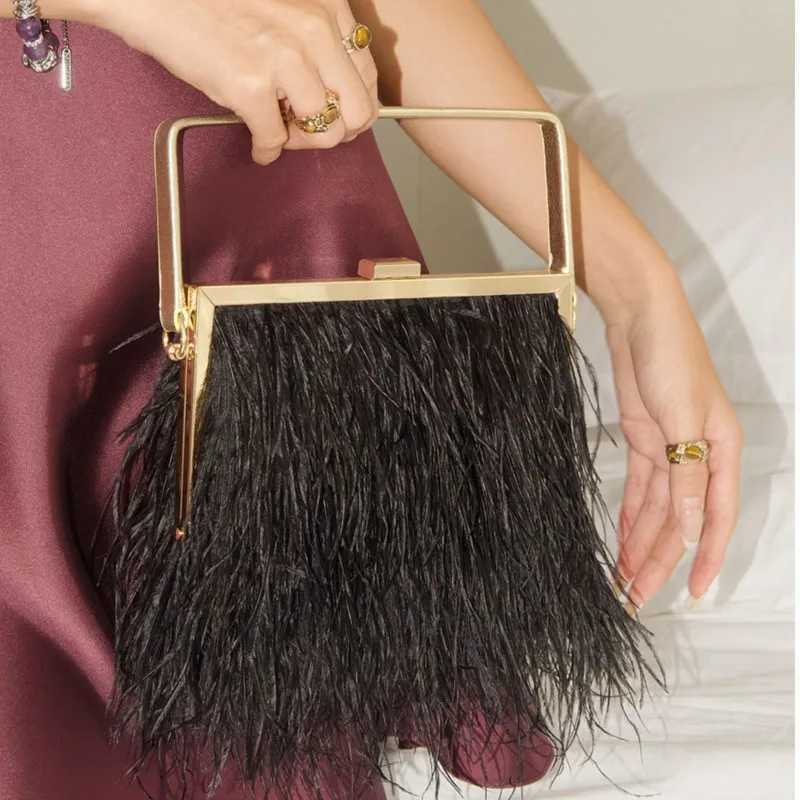 Cross Body Ostrich Feather Party Evening Clutch Bag Women Top Handle Real Fur Bag Wedding Purse Handbag Shoulder Chain Designer Bag H261016