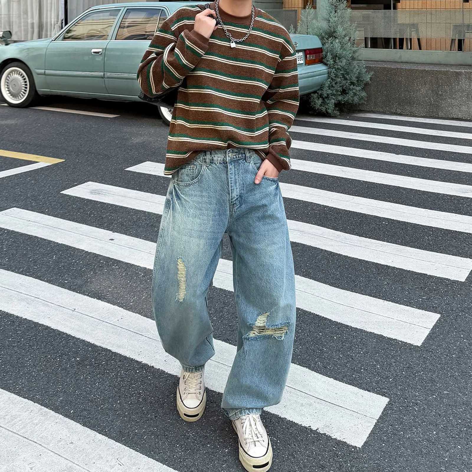 Men's Jeans American-Style Trendy Ripped Jeans for Men New Spring/Autumn Washable Versatile Vintage Wide-Leg Pants Plus-Size TrousersT261016