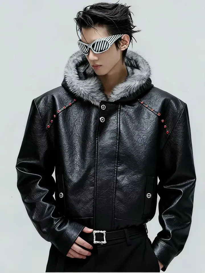 American Style Men's Padded Jackets PU Leather Faux Fur Fleece Thickened Solid Color Loose Male Hooded Warm Coats 261014