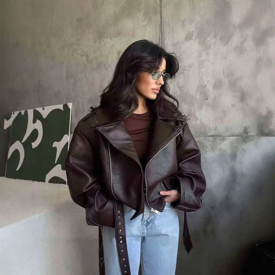 Faux Men's Jackets Stylish Brown Leather Jacket Women Short Lapel Collar Belted Slim Fit Fashion Streetwear Long Sleeve Outwear N261016