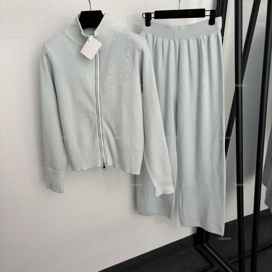 Brand Knit 2 Piece Outfit Stand Collar Full Zip Long Sleeve Cardigan High Waist Wide Leg Pants women designer clothes Casual Knitted Tracksuit Set A