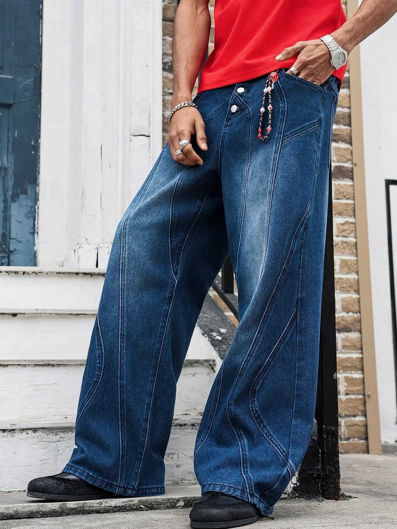 Men's Jeans Men's Deconstructed Seam Wide Leg Jeans Vintage Dark Blue Washed Baggy Denim Pants Streetwear Y2K Loose Floor-Length TrousersT