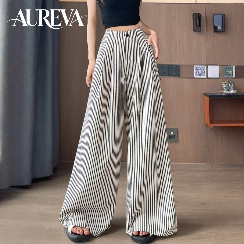 Women's High Waist Wide Leg Pants Ice Silk Striped Slimming Loose Casual Draping Straight Floor Length Suit Trousers 261015