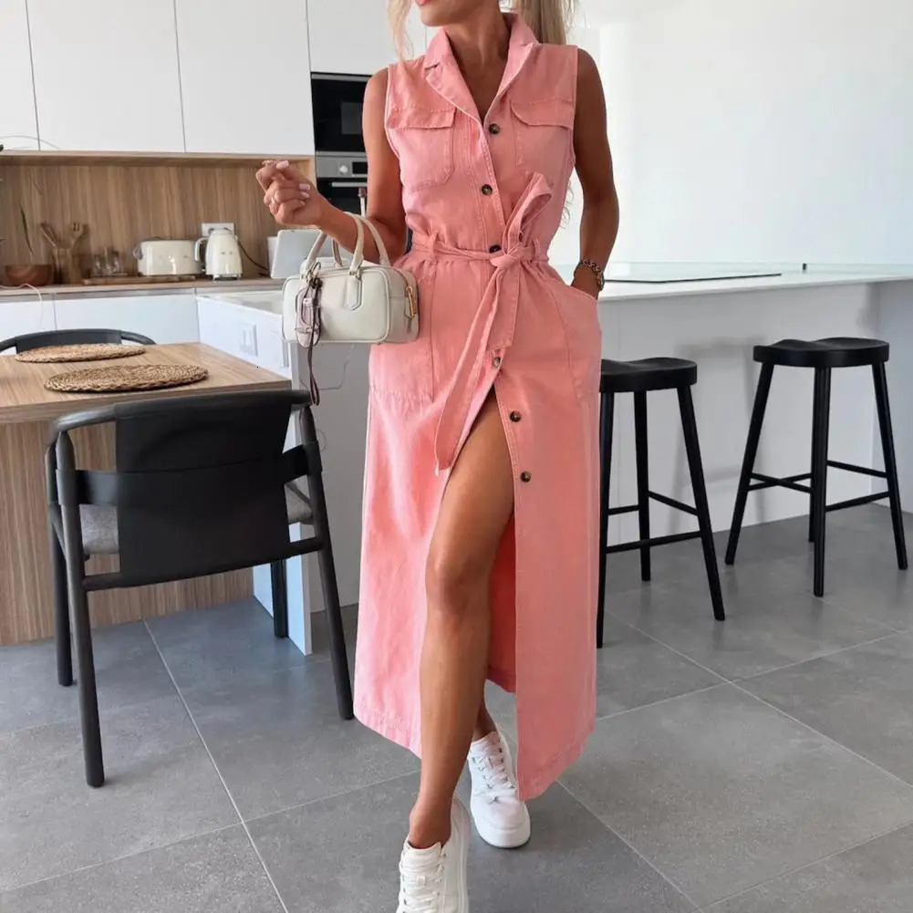 Women Denim Maxi Dress Fashion Shirt Summer Sleeveless Button Down with Belt Lapel V Neck Female Long Jean Dresses 261015