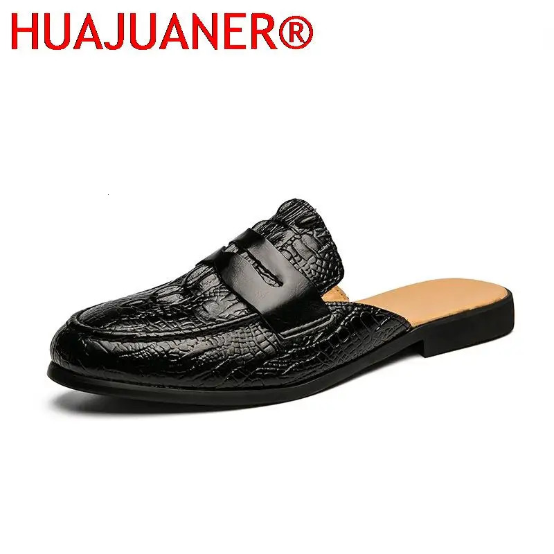 Summer Men Shoes Men Half Slippers High Quality Men Crocodile pattern Leather Casual Shoes Loafers Flip Flops Lightweight Flats 261016