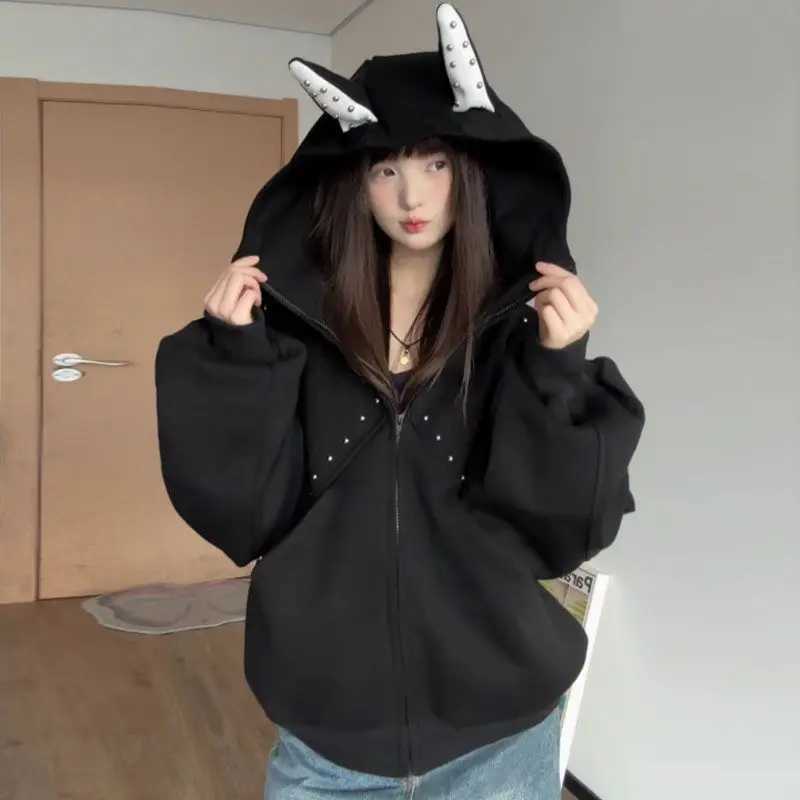 Women American Retro Men's Jackets Hooded Zip Up Sweatshirt Little Devil Rivet Ear Design Loose Casual Jacket Autumn Streetwear Outerwear N2610