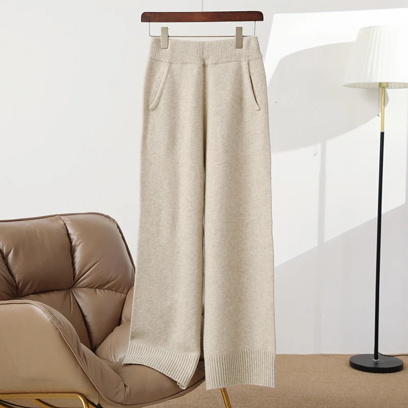 Women's Pure Wool Pants Basic Casual Wide Leg Spring Autumn Winter 100 Merino Knitwear Soft Korean Trousers 261015