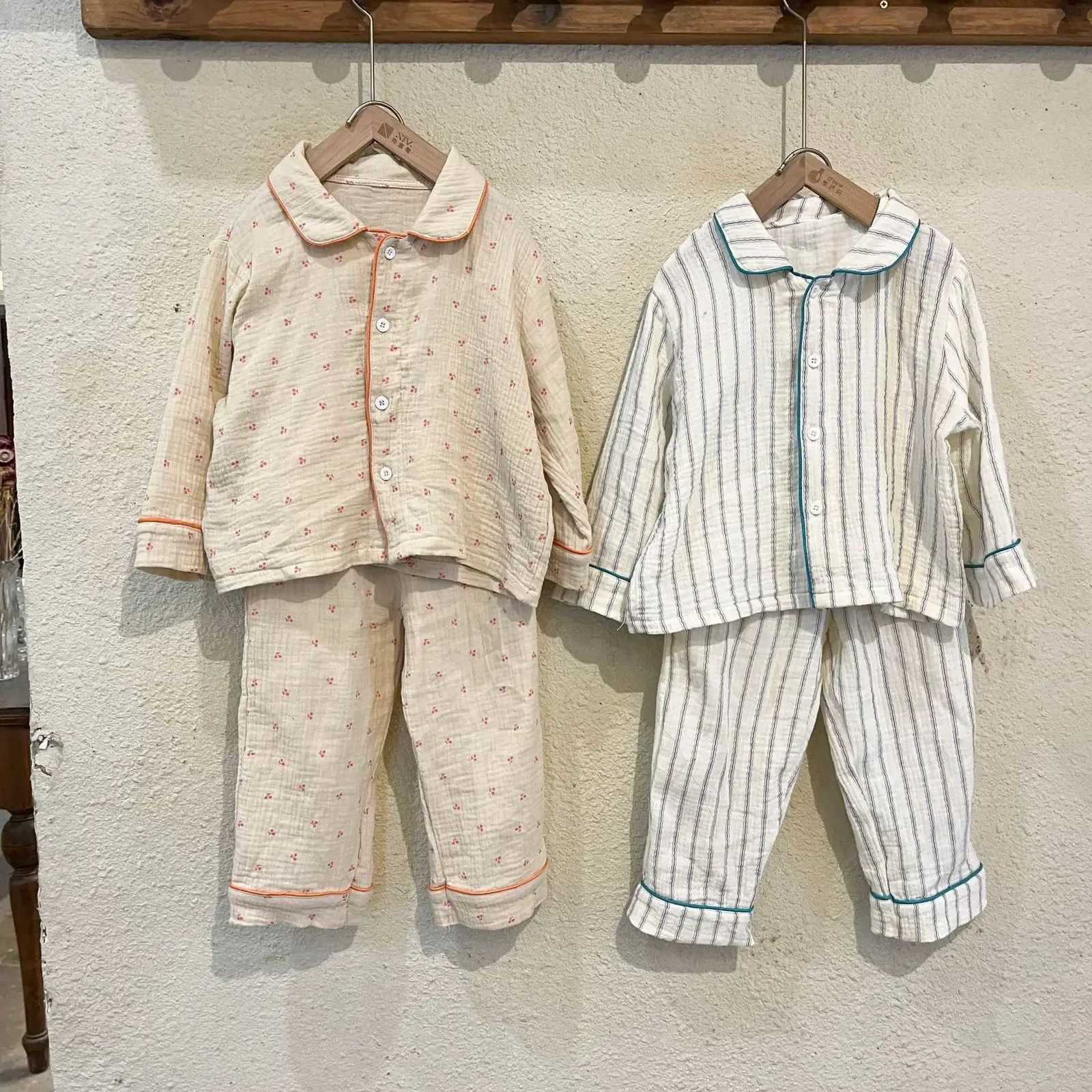 Pajamas 7408 Children's Pajamas Suit 2023 Autumn New Cotton Gauze Girl's Suit He Clothes Long Sle Top+Pant Casual Boy's SuitW261019