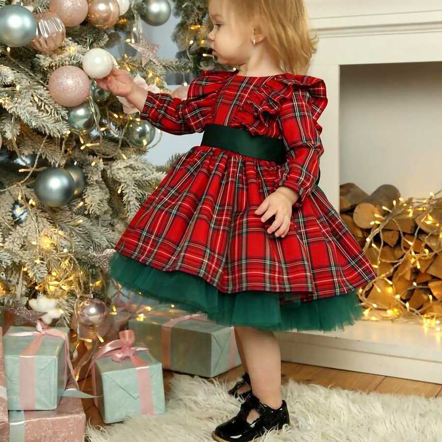 Kids 2025 Girls' Christmas Plaid Dress with Bow Baby Girls Outfits For Fall/Winter Children Clothing For 2 3 4 5 6 7 Years S261016W4AH