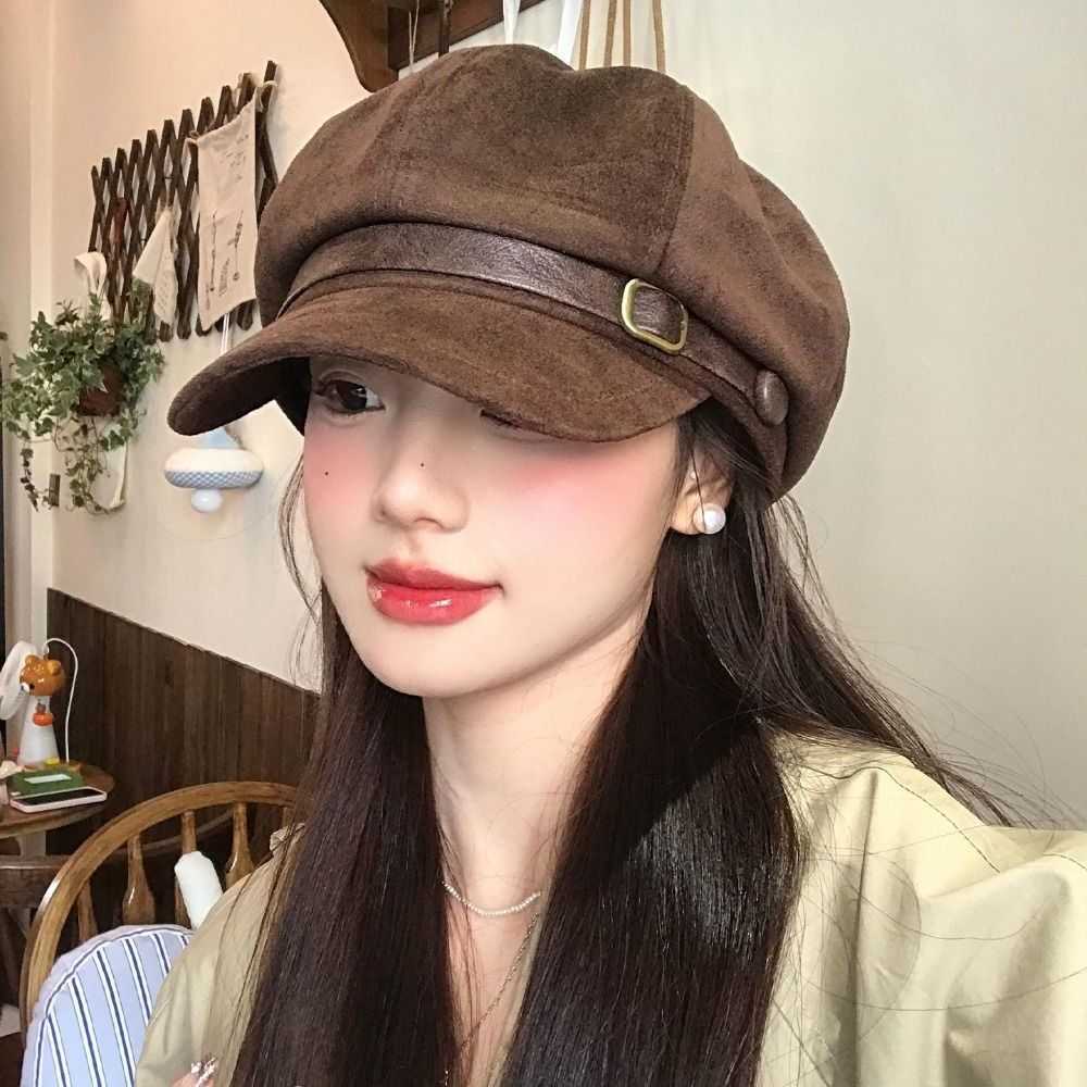 British Fashion Style Pu Leather Beret Belt Buckle Retro Suede Octagonal Hat Artist Hat Brown Painter Hat Girl S261016GSNJ