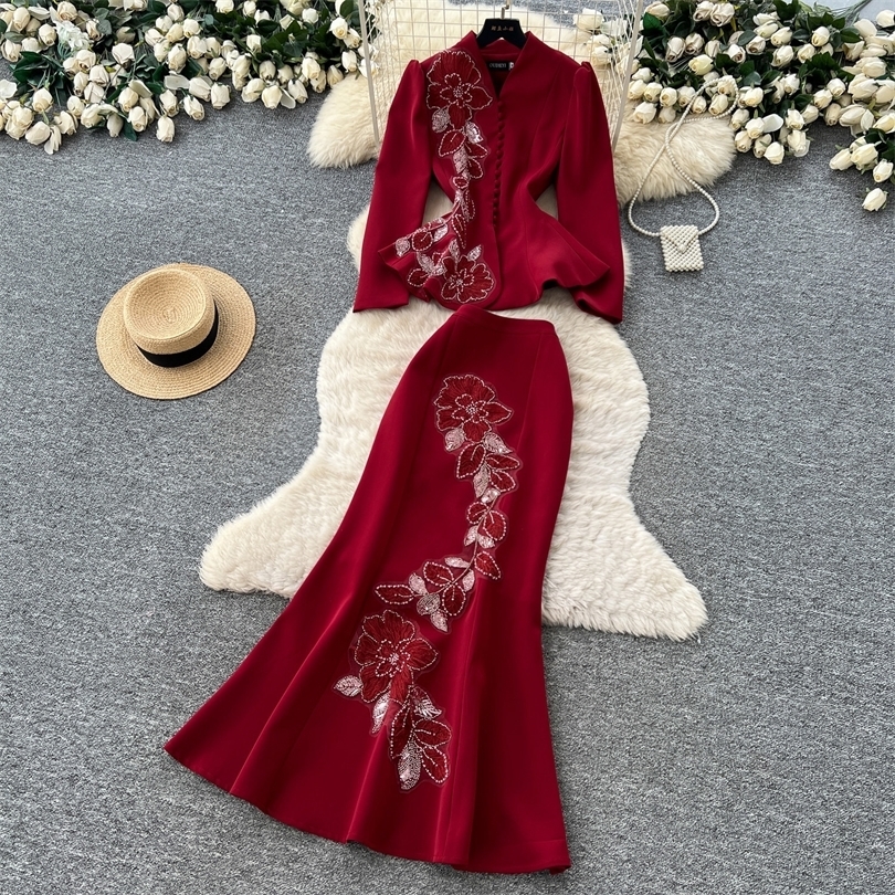 Elegant Embroidery lace Ruched Two Pieces Sets Chic Blouse with Pleated High Waist Skirt Party Gown Fall 261015
