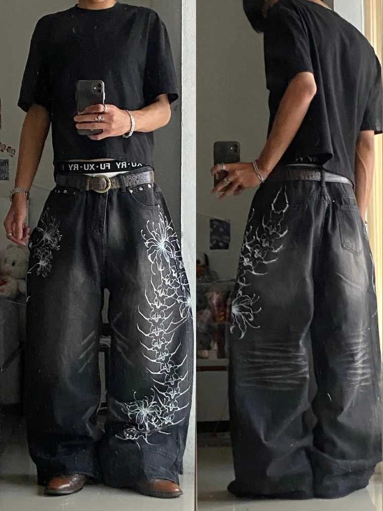 Men's Jeans Y2K Vintage Gothic High Street Denim Black Wash Gradient Spine Spider Lily Print Wide Leg JeansT261016