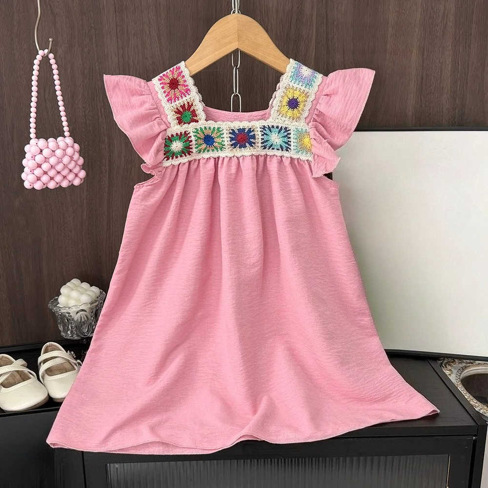 3-7 Summer Years Girls Sweet Solid Color Sleeveless Ruled Square Neck Casual Dress 1 Pc Kids Fashion Clothes S261016GOS8