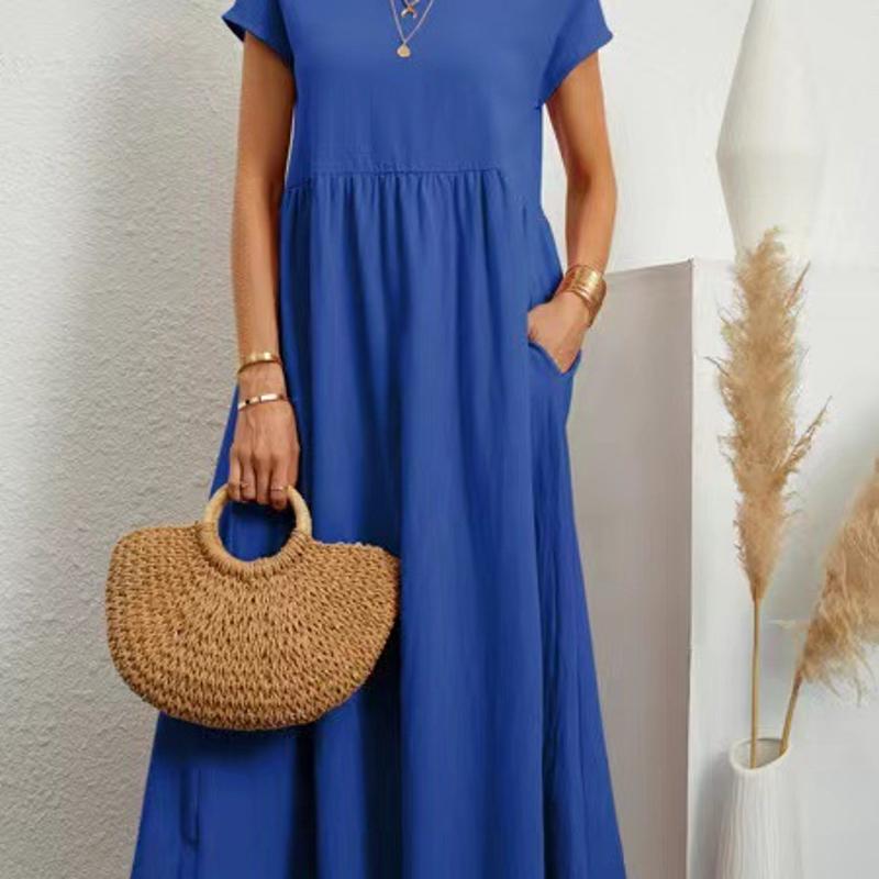 Robe longue plissée en coton et lin pour femmes, manches courtes, couleur unie, col rond, ligne a, décontractée, avec poches, été