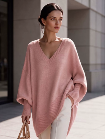 Designer Women's Long Sleeve V Neck Loose Knit Sweater Solid Color Oversized Pullover Top Casual Jumper