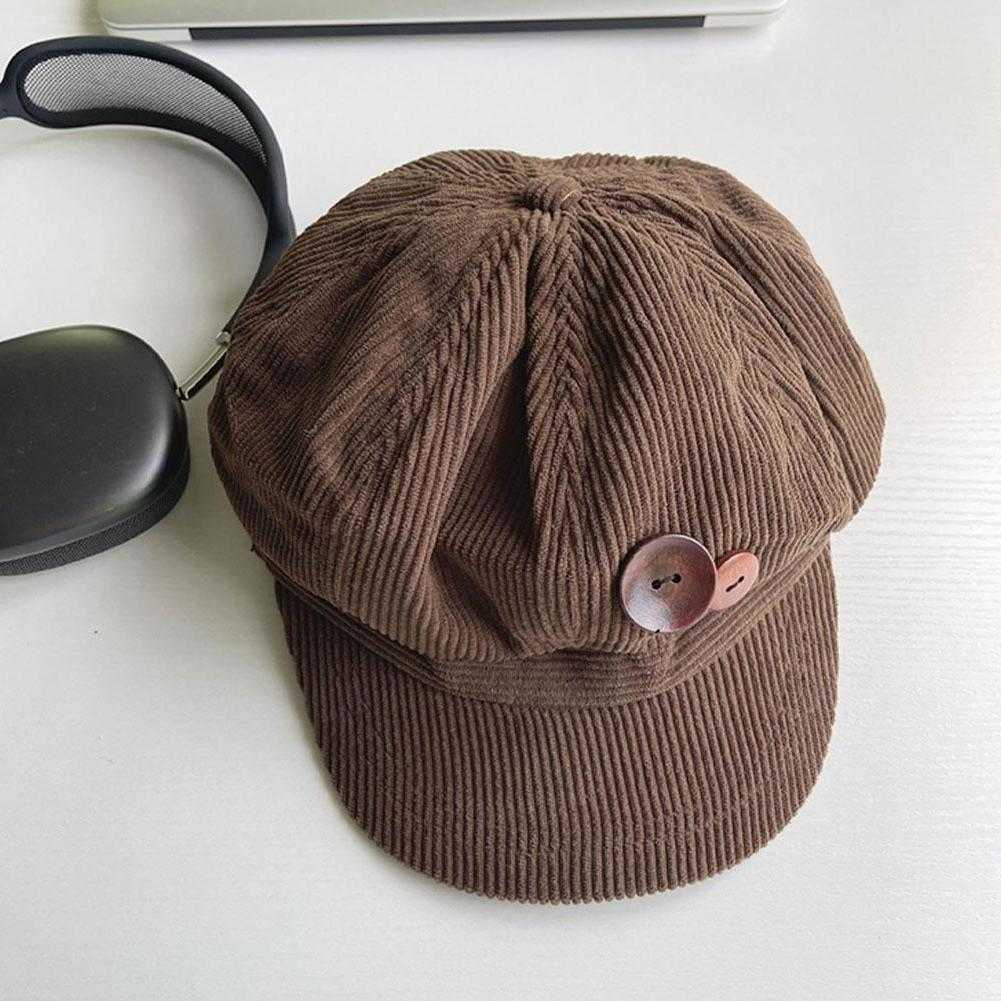 Corduroy Vintage Beret Hat For Women Korean Button Octagonal Cap Autumn Winter Painter Artist Hats Japanese Brown Peaked Caps S261016NSFA