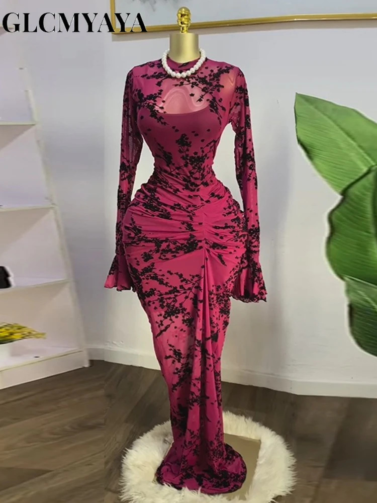 CM.YAYA Women Long Sleeve Ruched Mesh See Though with Lining Bodycon Long Dress Fall Evening Birthday Sexy Party Dresses 261015