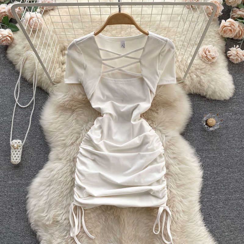 Girls Dress Summer New Square Neck Drawstring Solid Color Fashion Short Sleeved 2024 Simple Elastic Waist Fashion S261016PFRI