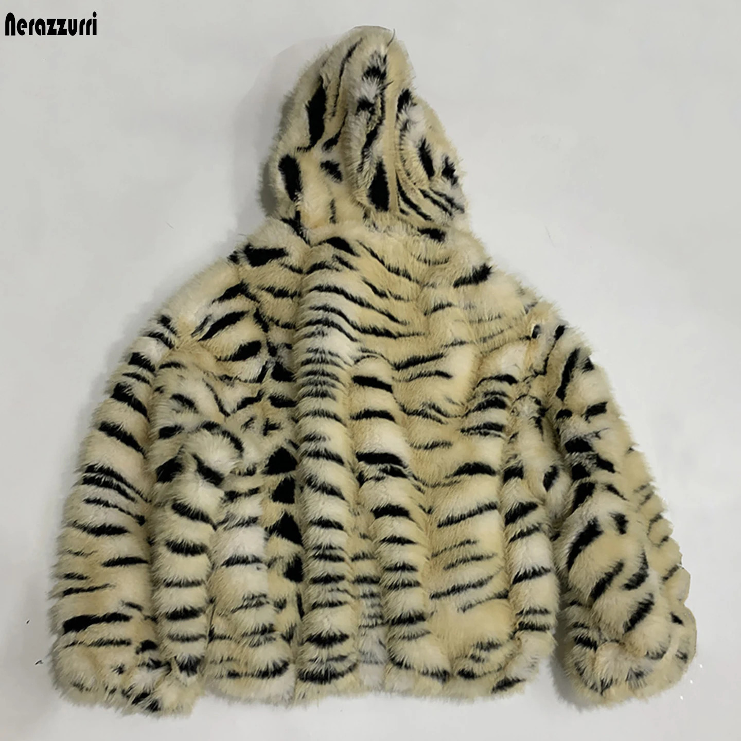 Nerazzurri Winter Oversized Colorful Tiger Print Thick Warm Soft Faux Fur Coat Men with Hood Fluffy Jacket Streetwear Clothes 261012
