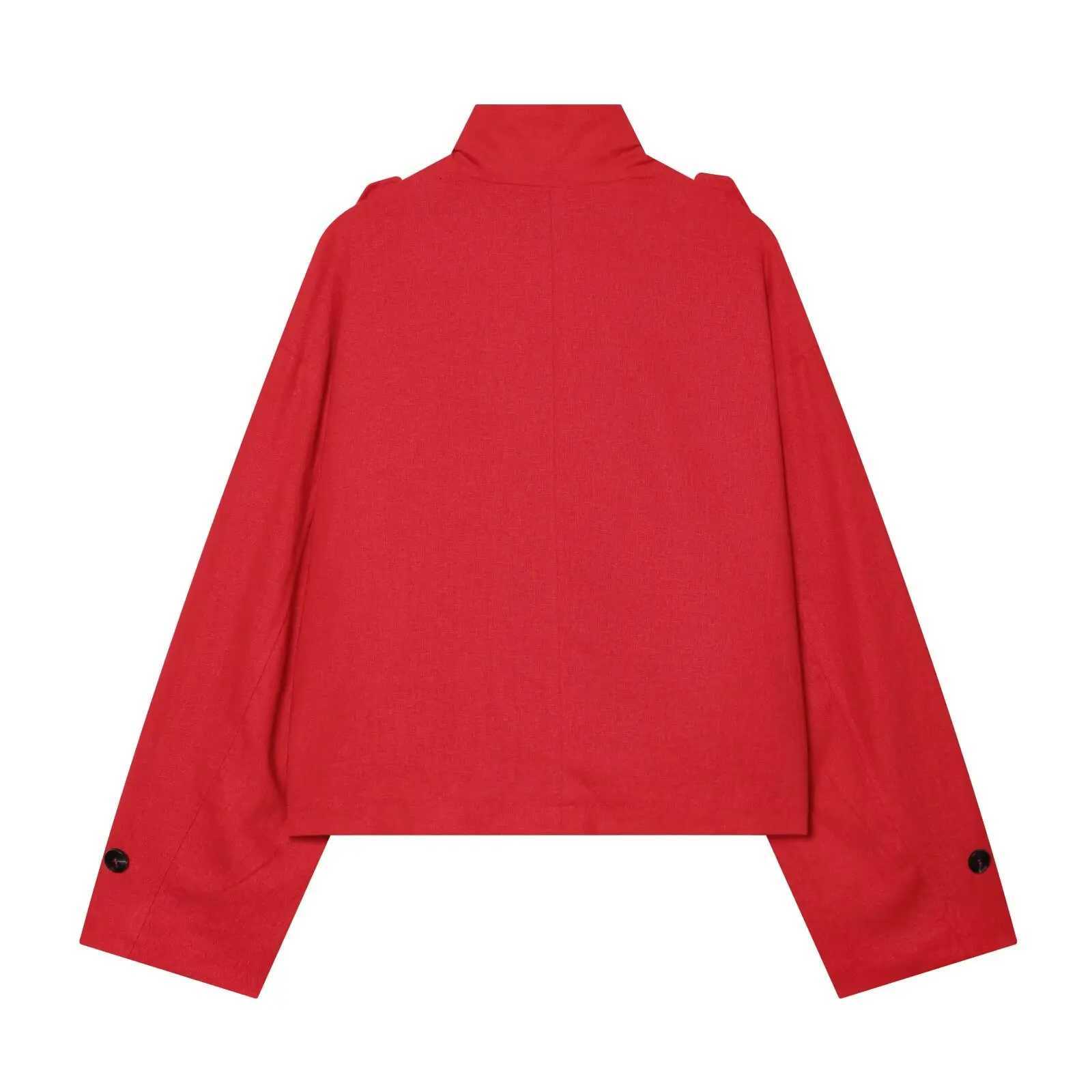 Jackets BSAY 2026 New Men's Women's Red Stand Collar Single Breasted Epaulet Design Jacket Long Sleeve Loose Fit Casual Streetwear Short C