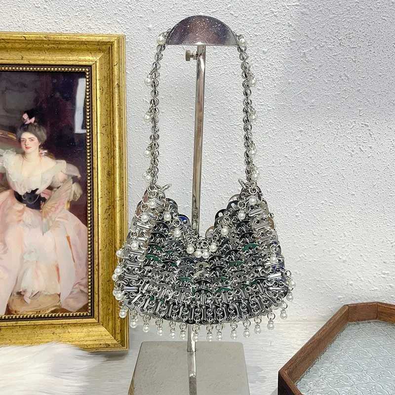 Cross Body Metallic Handbag Hauberk Bucket Bag Sequins Brass Shoulder Bag Woven Tassel Purse Ring Tote Hollow Crossbody Bags For Women H261016