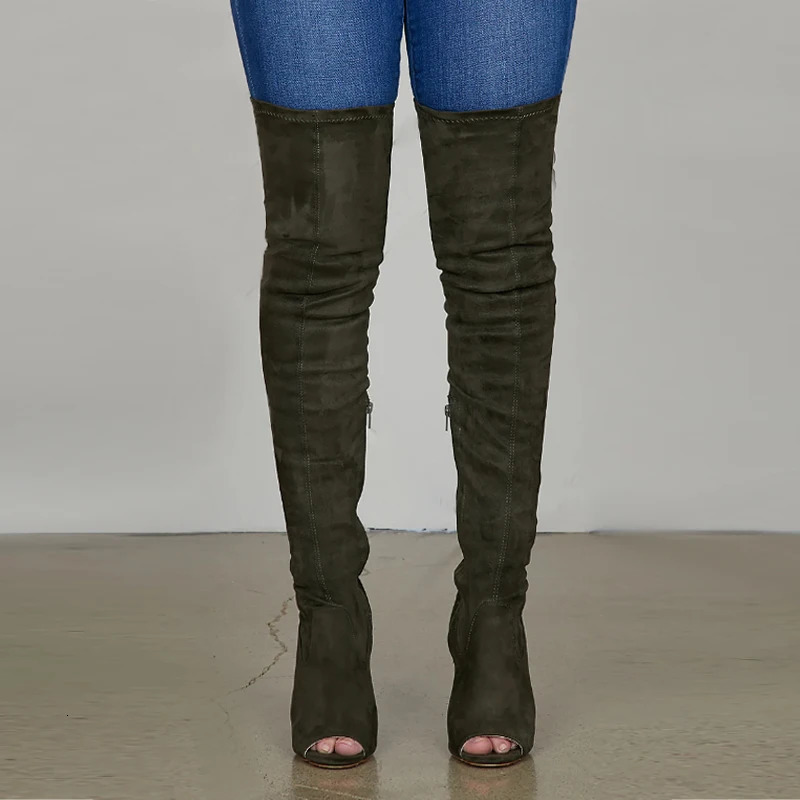 Fashion Peep Toe High Heels Over The Knee Women Boots Big Size 34-46 Side Zip Elastic Long Boots Women's Shoes 261016