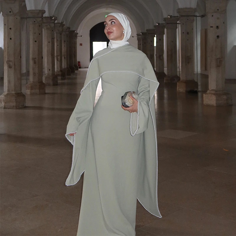 White Pearl Trim Cape Maxi Dress Women Elegant Long Sleeve Cinched Waist Muslim Robes 2026 Spring EID Abaya Lady Dresses 261015