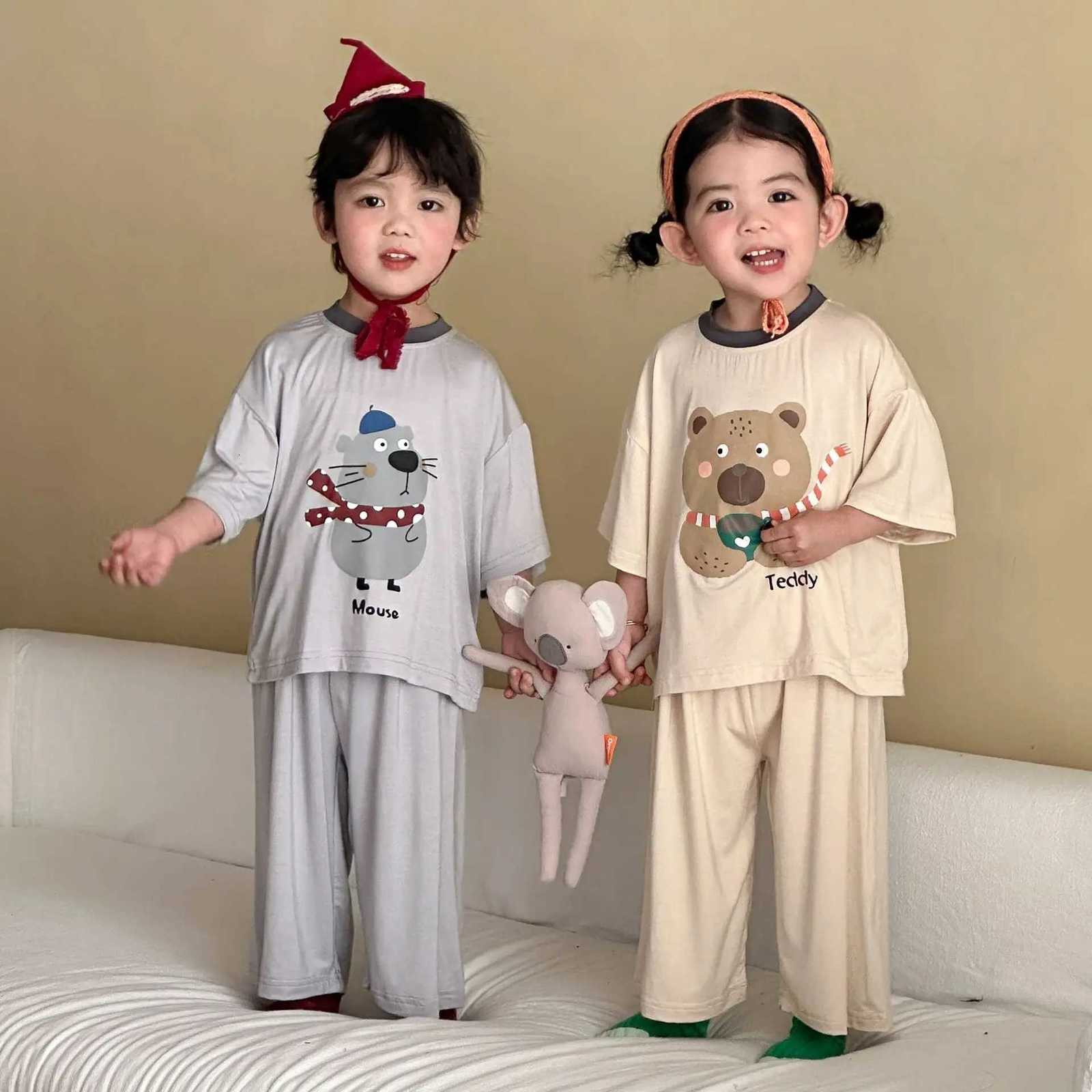Pajamas 2026 Summer Children's Modal Pajamas Set Short Sle Cartoon T-shirt+Trousers Two Pieces Suit Boys Girls Soft Loose LoungewearW261019