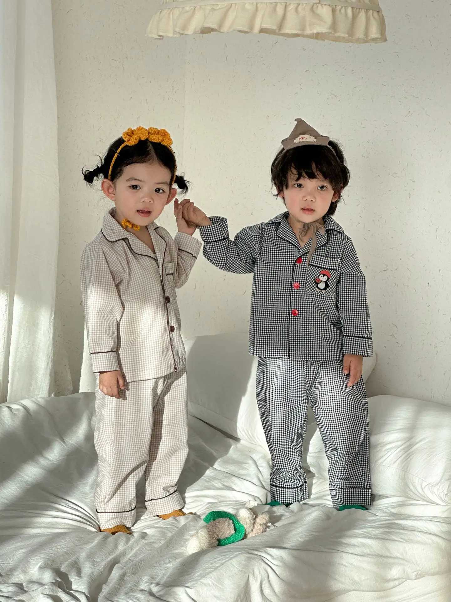 Pajamas 2026 Spring New Children Plus Casual Pajamas Suit Kids Boys Girls Cartoon Embroidery He Clothes Set Kids Plaid OutfitsW261019