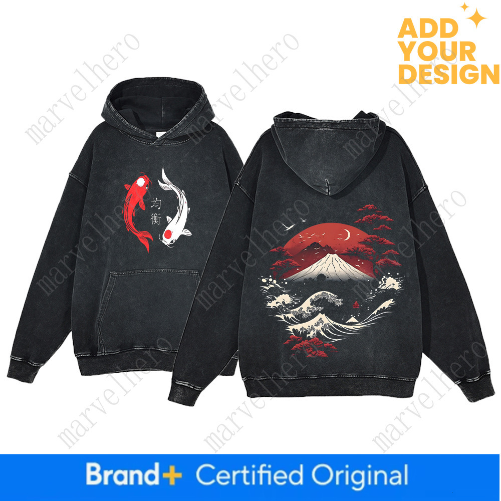 Y2K Anime Hoodie Ukiyoe Koi Fish Vintage Acid Wash Sweatshirt Men Hip Hop Hoodies Long Sleeve Oversized Harajuku Gothic Pullover
