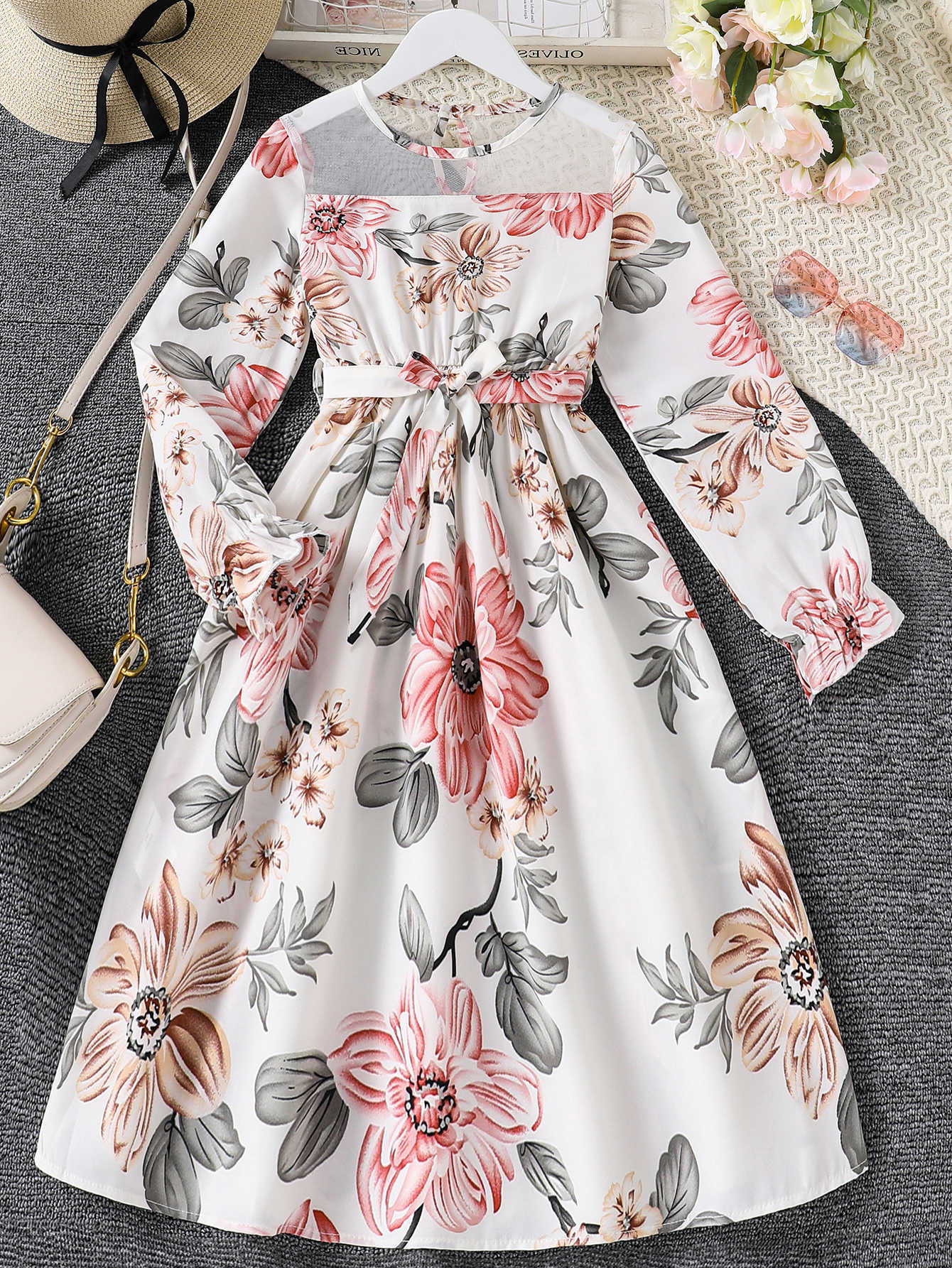 New Summer Girls Long-Sleeved Retro Printed Mesh Round Neck Splicing Casual Simple Korean Style Dress S261016IR6L
