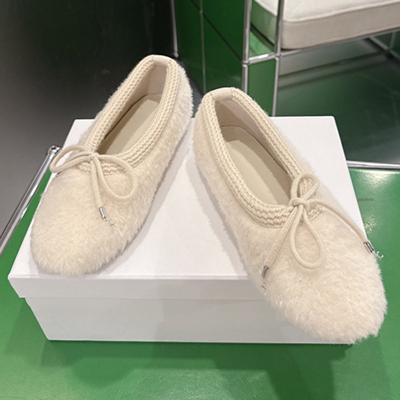 Plush Metal Pendant Single Shoes Fashion Bow Decoration High Quality Anti Slip Flat Bottom Winter Womens Ballet Shoes Elegant Stylish Office Shoes