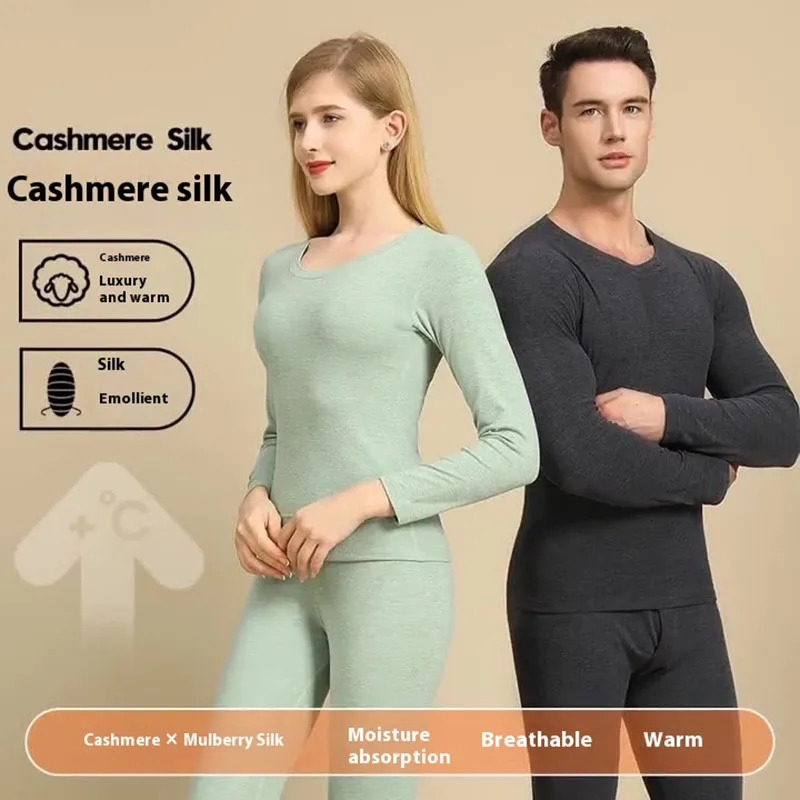 Large Size Cashmere Mulberry Silk Men Warm Underwear Set Winter Autumn Clothes Thermal Solid Color ONeck Hygroscopic Wicking 261012