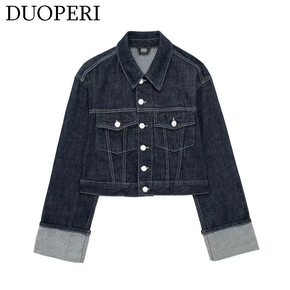 DUOPERI Women Fashion Denim Blue Single Breasted Jacket Lapel Neck Long Sleeves With Pockets Female Chic Lady Casual Outwear 261008