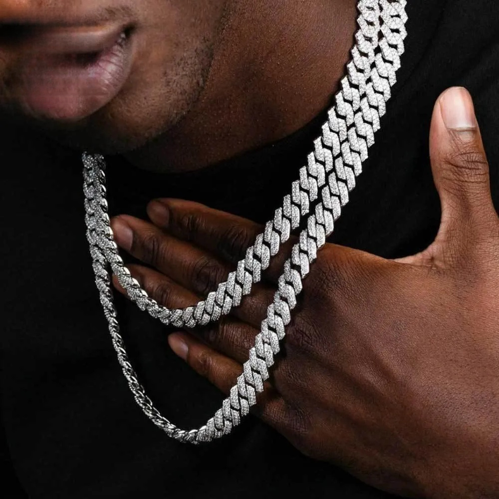 Wholesale Stock Hip Hop Rapper Jewelry 14mm Real Solid Gold Plating Iced Out vvs moissanite Diamond Prong Cuban Link Chain Necklace for Men