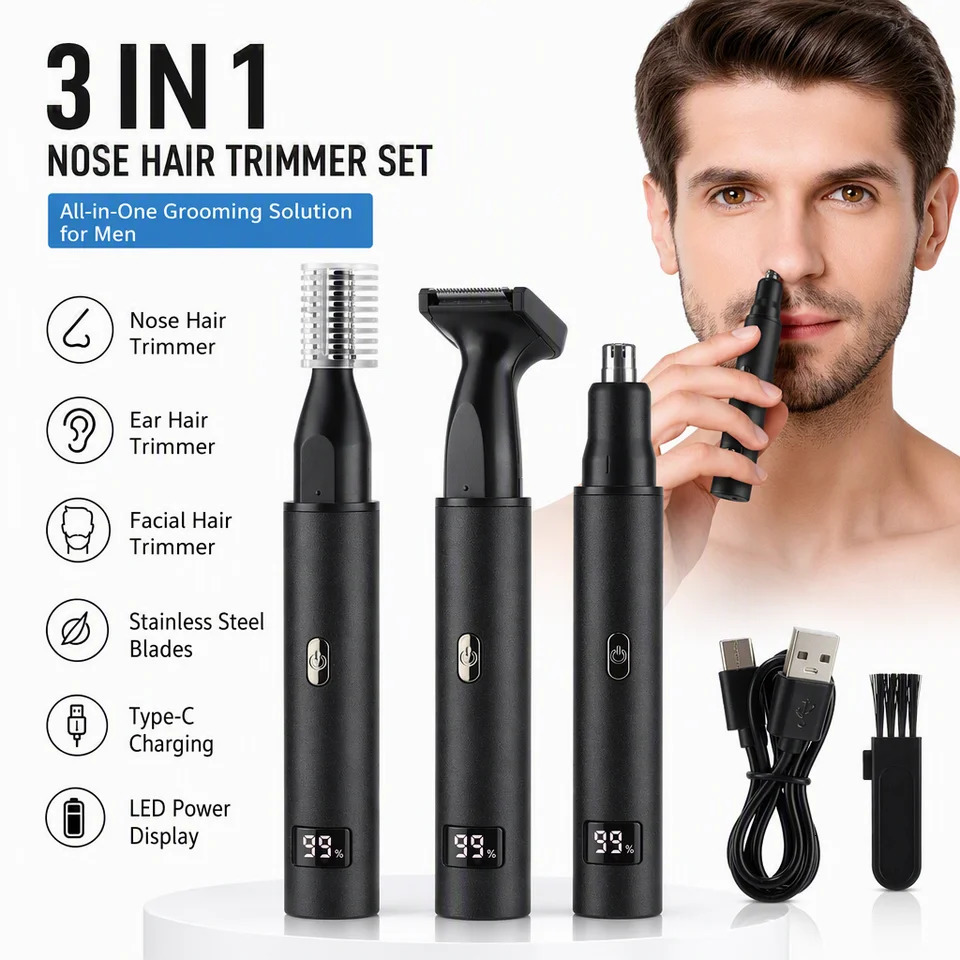 Electric 3 in 1 Nose Hair Trimmer Painless Eyebrow and Facial Hair Clipper LCD Display For Men USB Charging Cleaning Tool 261016