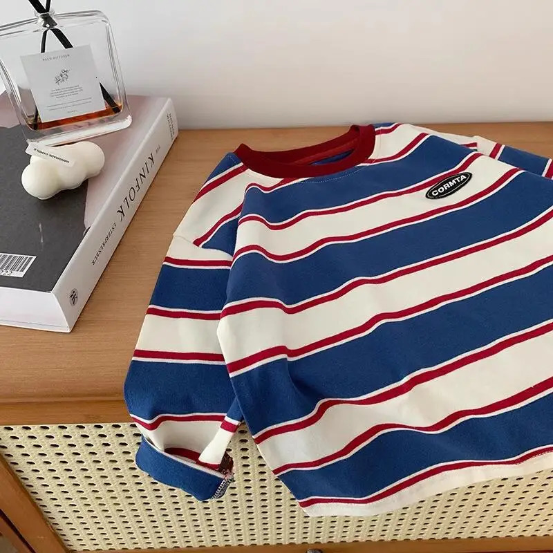 Stylish Boys' Striped Sweatshirt Comfortable Long Sleeve Top for Spring Autumn Casual Base Layer Shirt261016