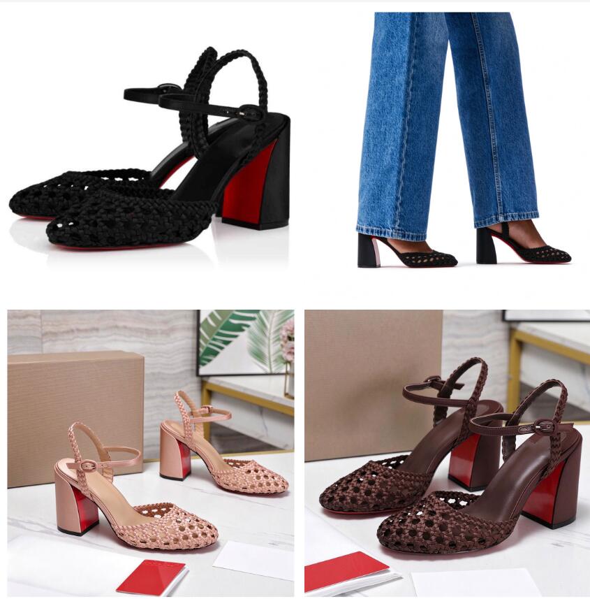 Summer Jane/Nadina's Red base Weaving hollow out chunky heels with adjustable needle buckle design With Dust Bags Wedding Party Evening