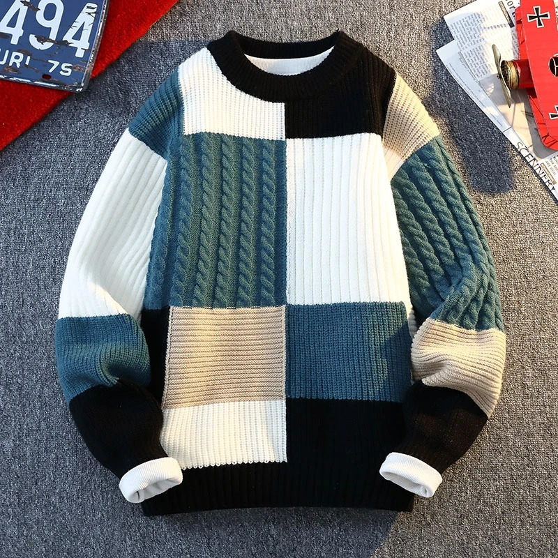 Autumn Winter Men's Round Neck Knit Sweater Fashion Plaid Knitted Pullovers Men Casual Loose Warm patchwork Sweaters 261015