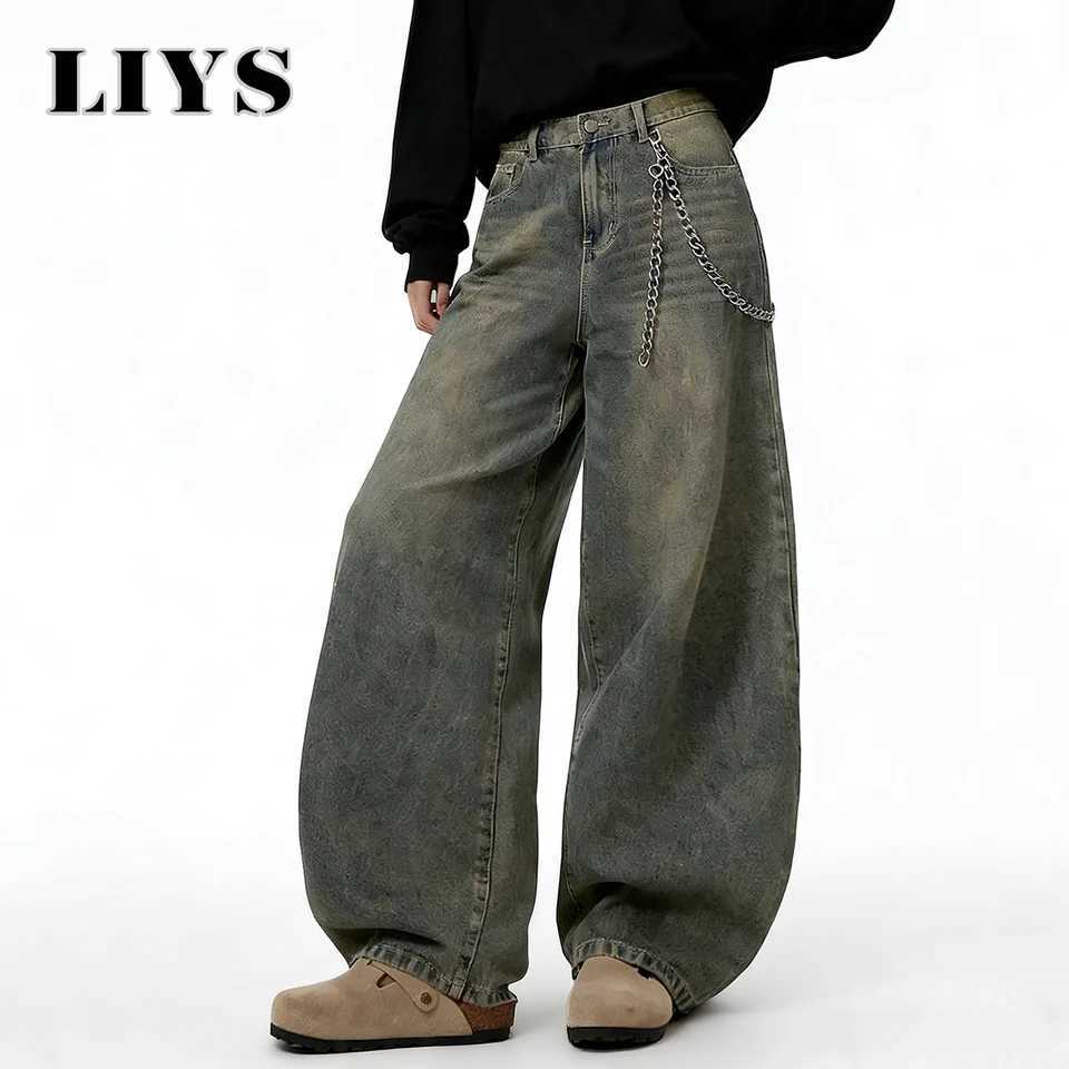 Men's Jeans LIYS American Retro Baggy Wide Leg Jeans Men's Streetwear Distressed Y2K Clothing Casual Daily Four Seasons Denim Pants Unisex